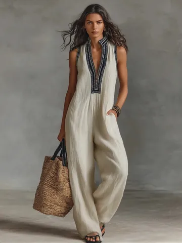 Women's Casual Linen Blend Sleeveless Jumpsuit Stand Collar Zipper Embroidery Wide Leg Loose Boho Romper