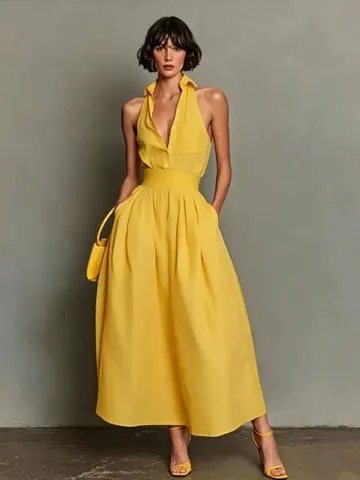 Vestido Largo Elegante para Mujer Sin Mangas Cuello de Camisa Cintura Alta Falda en A Vestido Largo Color Sólido Casual Fiesta