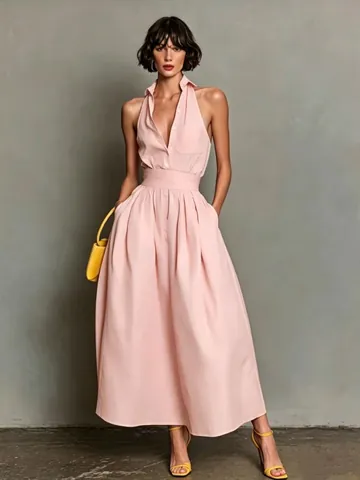 Vestido Largo Elegante para Mujer Sin Mangas Cuello de Camisa Cintura Alta Falda en A Vestido Largo Color Sólido Casual Fiesta