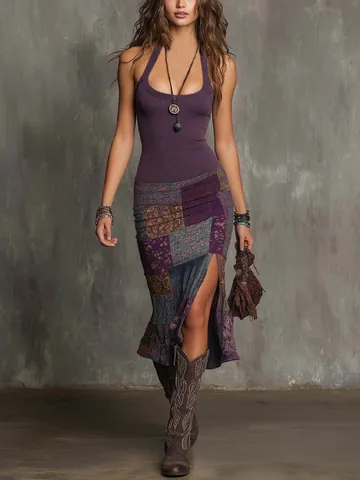 Women Sexy Bohemian Midi Dress Polyester Spandex 3D Digital Printed Color Block U-Neck Sleeveless Patchwork A-Line Dress