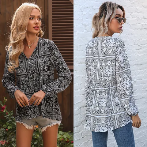 Women Retro Paisley Print V Neck Blouse Tassel Bohemian Long Sleeve Pullover Shirt Loose Casual Fall Spring Top