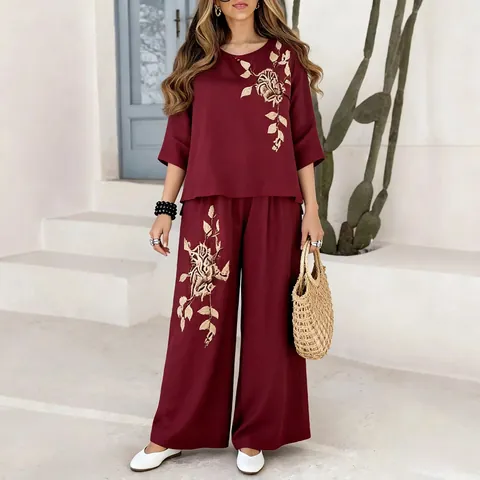 Women Retro Cotton Linen Two Piece Set Embroidered Short Sleeve Top And Wide Leg Pants Casual Summer Vacation Outfit