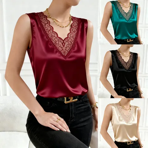 Elegant Women V-Neck Satin Tank Top Lace Trim Sleeveless Loose Fit Summer Inner Layer Blouse Plus Size Solid Color Cami