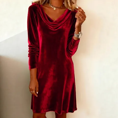 Women Cowl Neck Velvet Dress Slim Fit Long Sleeve Sexy Bodycon Midi Dress Elegant Solid Color Autumn Winter Night Party Dress