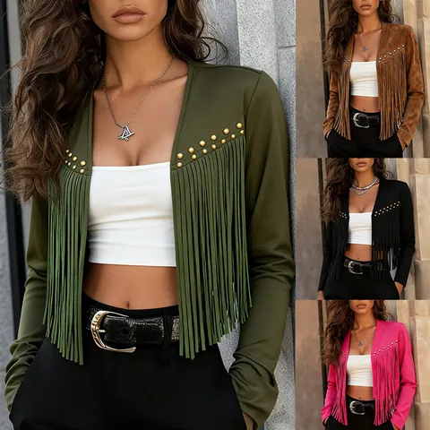 Women's Faux Suede Fringe Jacket Studded Cardigan Bohemian Style Tassel Cropped Top Western Outwear For Spring Autumn
