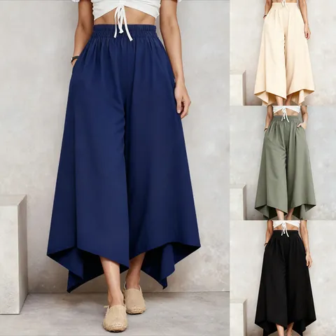 Women's Polyester Irregular Hem Culottes Loose Casual Elastic Waist Wide Leg Pants Solid Color Mid-Length Skirt-Pants Bottom