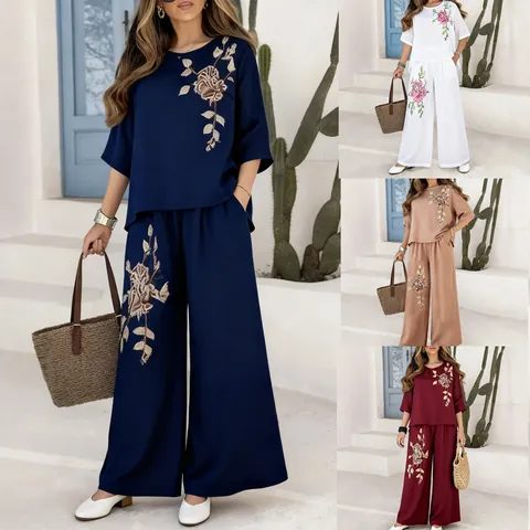 Women Retro Cotton Linen Two Piece Set Embroidered Short Sleeve Top And Wide Leg Pants Casual Summer Vacation Outfit