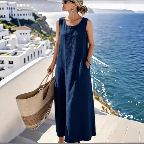 Damen Ärmelloses Baumwoll-Leinen Kleid Retro Lockeres Rundhals Midi Kleid Einfarbig Lässiges Sommer Strandkleid Urlaub Vestidos