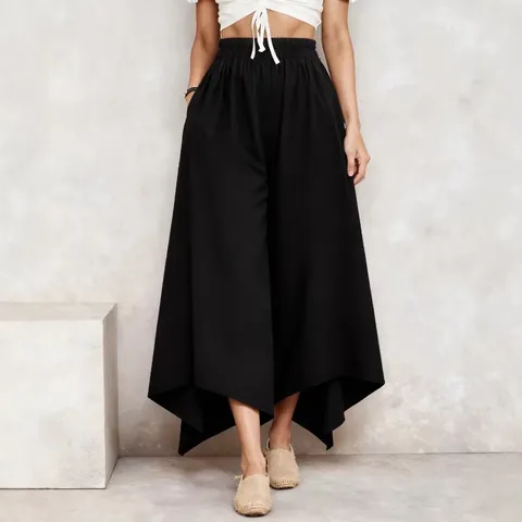 Women's Polyester Irregular Hem Culottes Loose Casual Elastic Waist Wide Leg Pants Solid Color Mid-Length Skirt-Pants Bottom