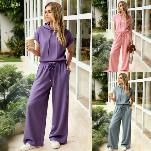 Women Casual Polyester Short Sleeve Hoodie And Wide Leg Pants Top And Bottom Solid Color Sporty Summer Loungewear Outfit