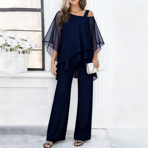 Women Two Piece Set Asymmetric Cold Shoulder Chiffon Top And High Waist Wide Leg Pants Solid Color Casual Elegant Outfit