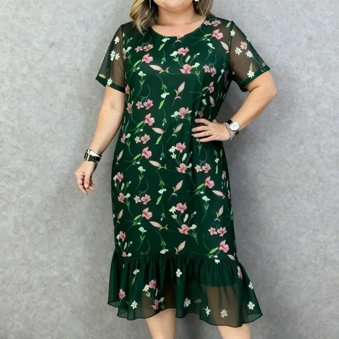 Vestido Midi Bordado Floral para Mujer Talla Grande Cuello Redondo Manga Corta Dobladillo con Volantes Verano Elegante