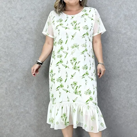 Vestido Midi Bordado Floral para Mujer Talla Grande Cuello Redondo Manga Corta Dobladillo con Volantes Verano Elegante