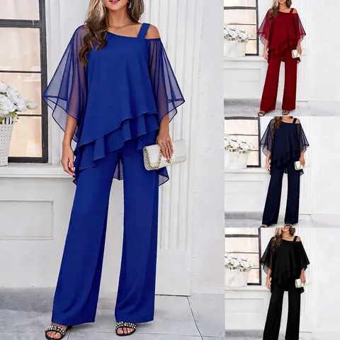 Women Two Piece Set Asymmetric Cold Shoulder Chiffon Top And High Waist Wide Leg Pants Solid Color Casual Elegant Outfit