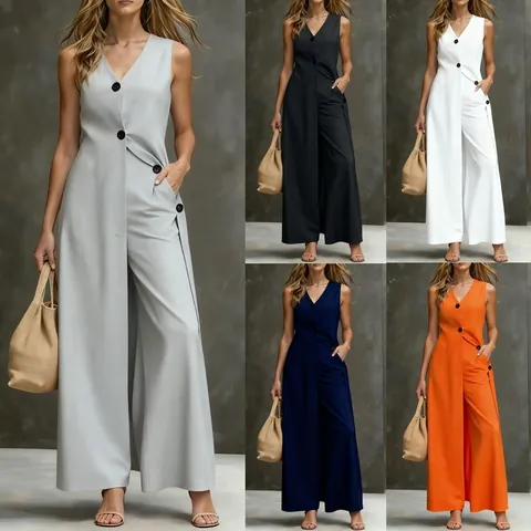 Damen Ärmellos V Ausschnitt Lange Weste Und Weite Pijpen Hose Set Einfarbig Polyester Top And Bottom Lässig Mode Outfit
