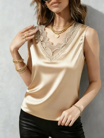 Camiseta sin Mangas de Satén con Cuello en V y Ribete de Encaje para Mujer Poliéster Color Sólido Casual Oficina Verano Camisa Elegante
