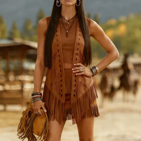 Women Bohemian Ethnic Vest Hollow Out Fringed Tassel Suede Cardigan Vintage Sleeveless Jacket Casual Mid-Length Top Boho Vest
