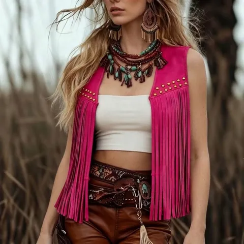 Gilet Vintage con Frange in Finta Pelle Scamosciata da Donna Hippie Boho con Borchie Senza Maniche Giacca Retrò
