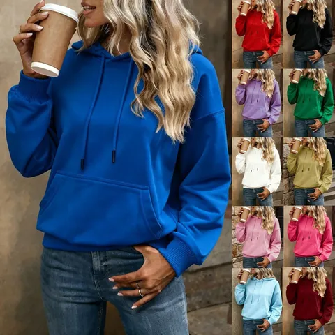 Women Oversized Hoodie Cotton Blend Solid Color Long Sleeve Pullover Sweatshirt Loose Hooded Top With Pocket For Winter