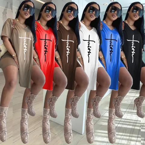Women Fashion Two-Piece Set Polyester Letter Printed Round Neck Side Slit Mid-Length Top And Shorts Casual Streetwear Top And Bottom Set