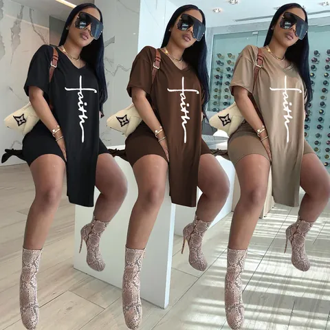 Women Fashion Two-Piece Set Polyester Letter Printed Round Neck Side Slit Mid-Length Top And Shorts Casual Streetwear Top And Bottom Set