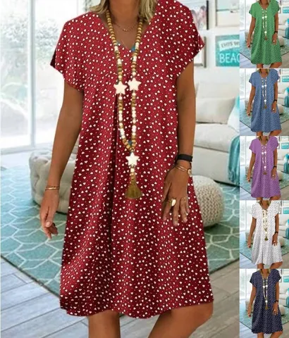 Women Summer V Neck Short Sleeve Heart Print Dress Casual Loose Midi Sundress A-Line Beach Wear Party Vacation Dress