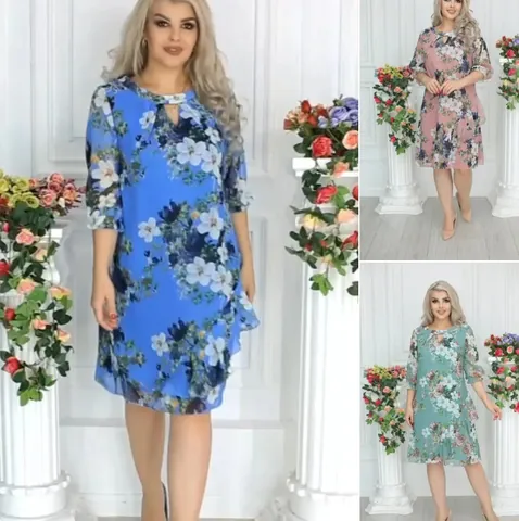Women Elegant Floral Print Midi Dress Round Neck Keyhole Detail 3/4 Sleeve Tiered Hem Casual Vacation Summer Fashion Dress