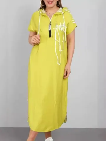 Women Hooded V-Neck Zipper Long Dress Summer Short Sleeve Slim Geometric Printed Side Split Maxi Dress Streetwear