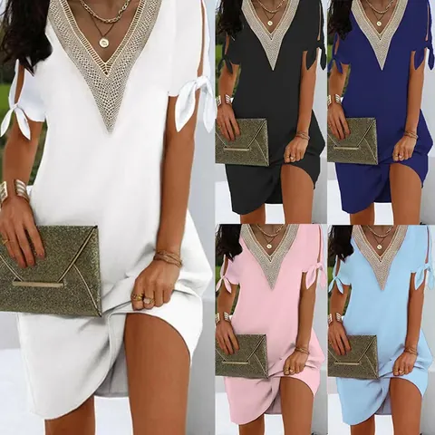 Women Summer V Neck Lace Trim Dress Fashionable Slit Bow Sleeve Solid Color Casual Mini Dress Elegant Patchwork Polyester Robe