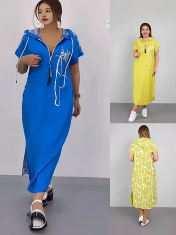 Women Hooded V-Neck Zipper Long Dress Summer Short Sleeve Slim Geometric Printed Side Split Maxi Dress Streetwear