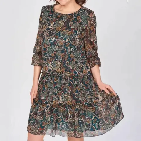 Abito Elegante da Donna in Poliestere con Stampa Floreale Paisley Scollo Rotondo Maniche a Tre Quarti con Volant Abito Midi a Balze per Vacanze