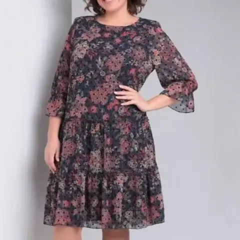 Abito Elegante da Donna in Poliestere con Stampa Floreale Paisley Scollo Rotondo Maniche a Tre Quarti con Volant Abito Midi a Balze per Vacanze