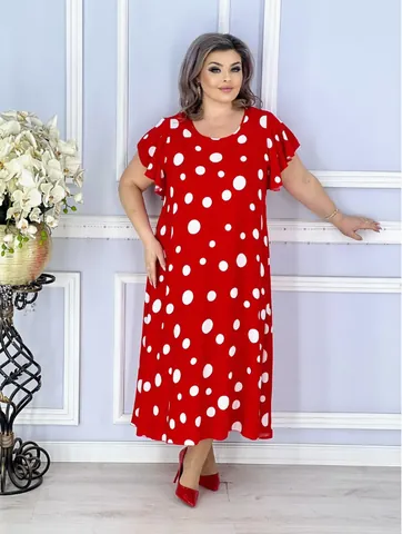 Women Plus Size Polka Dot Dress Ruffle Short Sleeve Round Neck Midi Dress Pullover Summer Elegant Party Vacation Dress