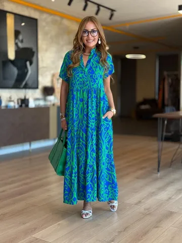 Bohemian Floral Print Maxi Dress For Women V-Neck Short Sleeve Tiered A-Line Summer Vacation Ethnic Style Long Dress