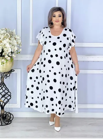 Women Plus Size Polka Dot Dress Ruffle Short Sleeve Round Neck Midi Dress Pullover Summer Elegant Party Vacation Dress