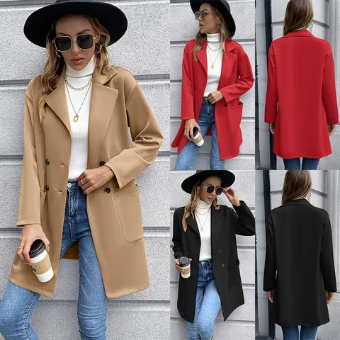 Chaqueta Blazer de Punto de Longitud Media para Mujer de Doble Botonadura Cárdigan de Manga Larga Casual Elegante Abrigo para Otoño Invierno