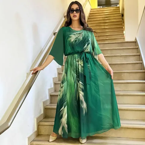 Vestito Maxi da Donna Stampa Piuma Stile Europeo Americano Elegante Girocollo Manica a Metà Cintura Linea A Abito Lungo