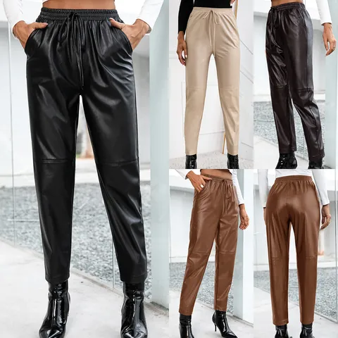 Pantalon en Similicuir à Taille Haute pour Femmes avec Cordon de Serrage Style Motard Décontracté Coupe Droite Unie