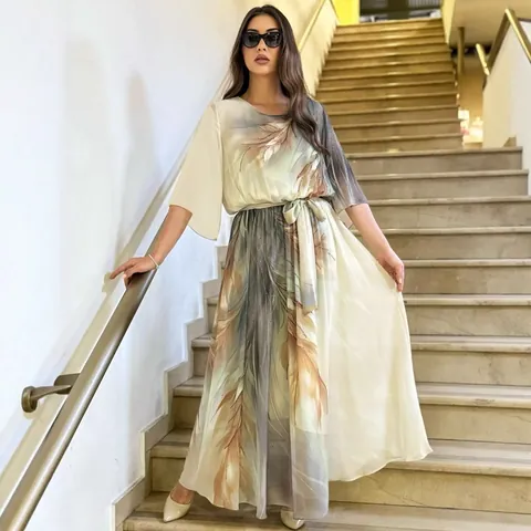 Vestito Maxi da Donna Stampa Piuma Stile Europeo Americano Elegante Girocollo Manica a Metà Cintura Linea A Abito Lungo