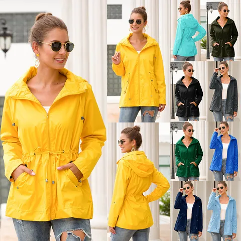 Damen Outdoor Kapuzen Regenjacke Verstellbarer Kordelzug Taille Wasserdichte Winddichte Wanderjacke Lässige Langarm Oberbekleidung Top