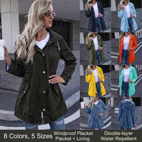 Giacca Impermeabile da Donna Con Cappuccio Antivento Lunghezza Media Coulisse in Vita Poliestere Outdoor Casual Trench