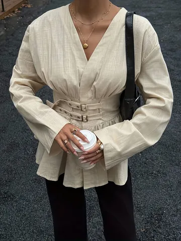 Camicetta Retrò Coreana con Scollo a V da Donna in Poliestere Elegante Tinta Unita Manica Lunga Polsino a Campana con Vita Plissettata a Doppiopetto