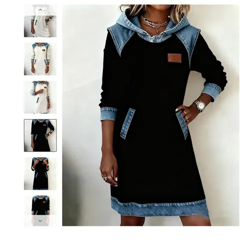 Women Casual Patchwork Hoodie Sweatshirt Dress Denim Contrast Long Sleeve Drawstring Pullover Hooded Mid Length Clothing