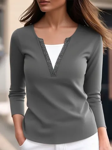Women's Casual Faux Two-Piece Long Sleeve T-Shirt V-Neck Rhinestone Embellished Pullover Slim Fit Base Layer Top