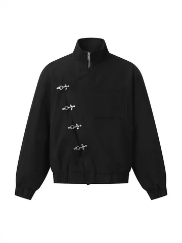 Men Loose Stand Collar Jacket Aircraft Buckle Asymmetrical Design Polyester Windproof Casual Streetwear Spring Top