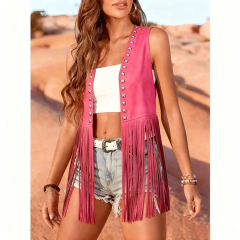 Women Fringe Vest Studded Sleeveless Jacket Retro Bohemian Suede Look Open Front Tassel Waistcoat Ethnic Style Streetwear Apparel