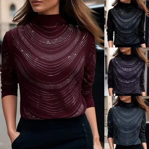 Haut à Manches Longues pour Femmes en Polyester avec Strass et Col Montant Automne Hiver Mode Grande Taille