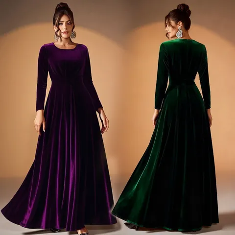 Women Plus Size Gold Velvet Long Sleeve Evening Dress Elegant Round Neck Pleated Floor Length Formal Party Banquet Gown