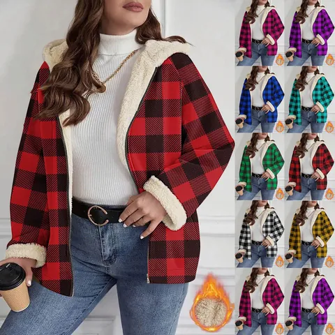 Giacca in Pile Sherpa a Quadri da Donna in Poliestere Buffalo Check con Cappuccio e Cerniera Abbigliamento Esterno Invernale Caldo