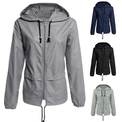 Women Lightweight Waterproof Hooded Outdoor Jacket Windproof Polyester Thin Casual Sporty Zipper Raincoat Outerwear Top